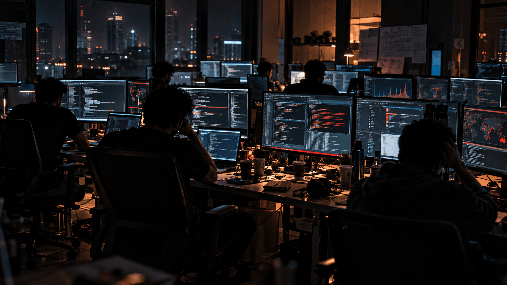 Late night: a desk buried in cables, monitors full of red error logs